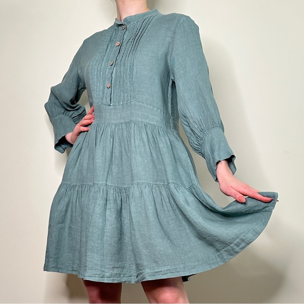100% Linen Midi Teal Summer Dress – Size S-M Italy